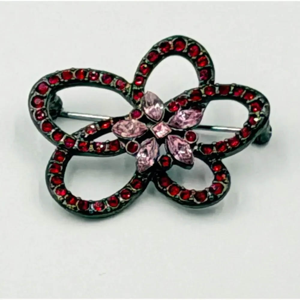 Vintage GIVENCHY Pink Looping Flower Rhinestone Gunmetal Tone Brooch